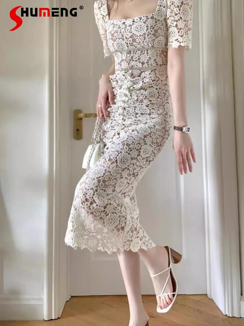 

2024 Summer New Dresses Light Luxury Mid-Length Slimming Dress Feminine Lace Hollow Out Solid Color Short Sleeve Elegant Dresses