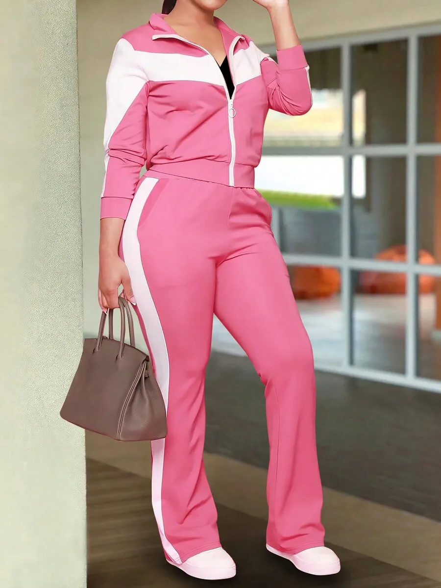 

2-Piece Women's Pink & White Color Block Zip-Up Jacket and Flared Pants Set, Sporty Casual Outfit for Spring Fall