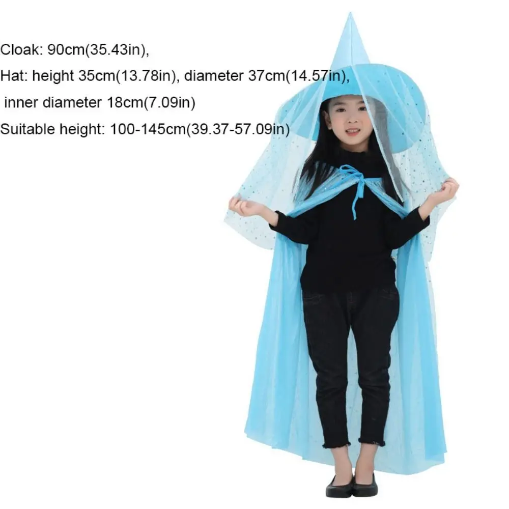 Creative Double Layer Halloween Cloak with Hat Robe Mesh Halloween Children Costume Cosplay Star Cape Hat Set Performance
