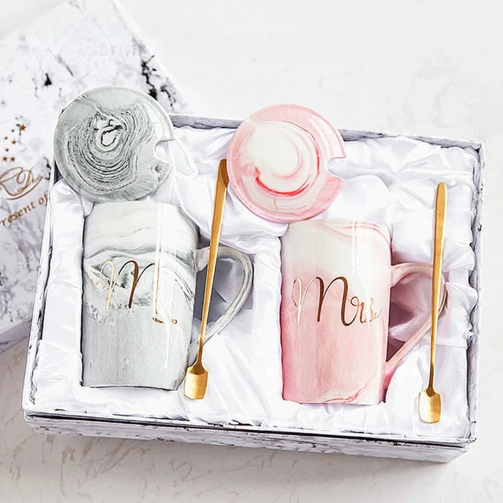 400/450ml  Marble Pattern Cups Gold Rim Mug Gift Box Set Coffee Mug Couple Women Cup Flamingo Cup Ceramic with Hand Ceremony