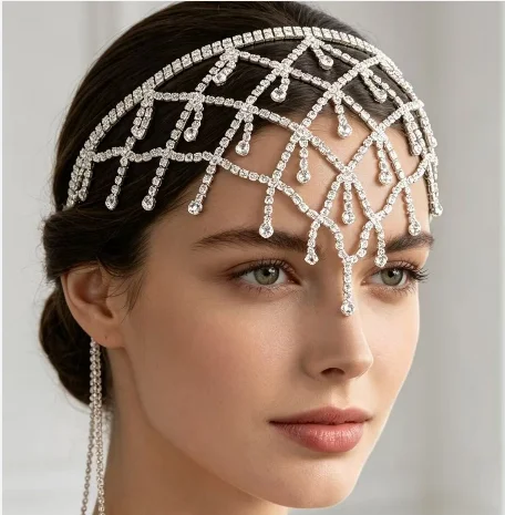 Rhinestone Mesh Forehead Chain Headpiece Bridal Party Festival Glitter Hair Accessory