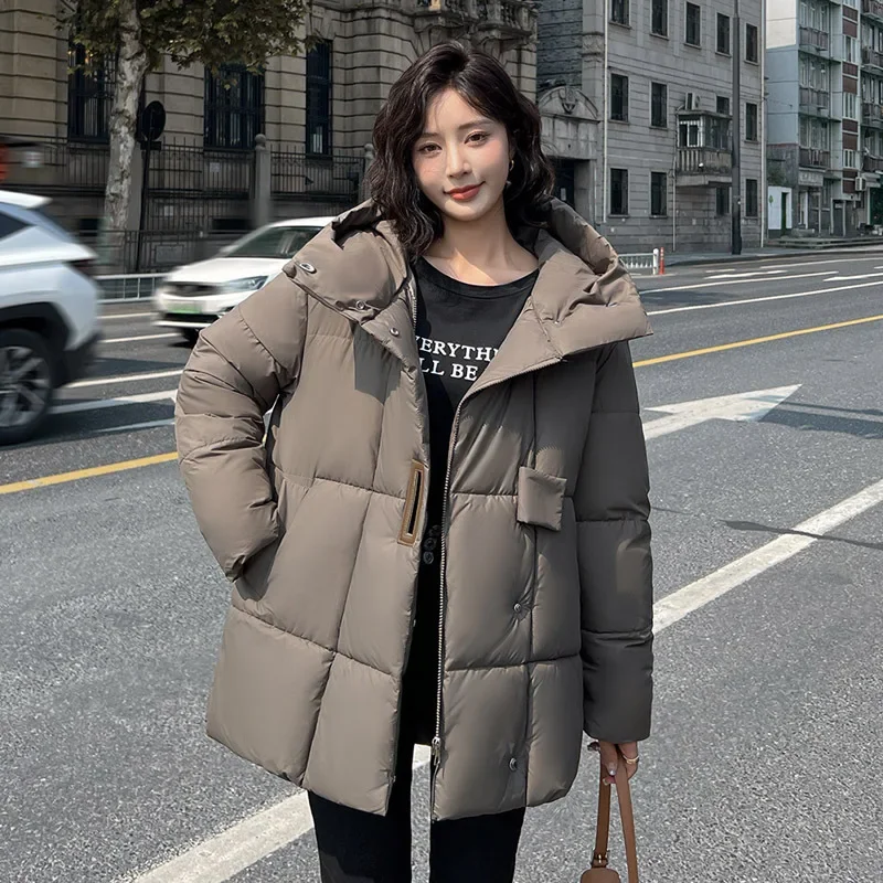 

New Thicken Snow Parkas Fashion Windproof Glossy Down Cotton Hooded Women Jacket Winter Loose Long Coat Ladies Outwear