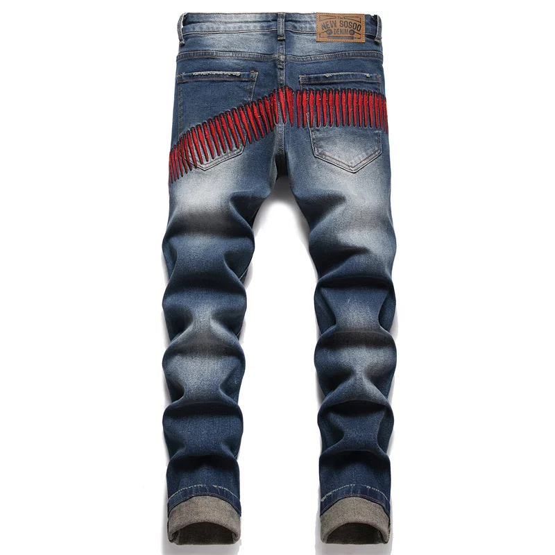 Retro Tattered Jeans Jeans Men's Personalized Embroidery Fashion Street Fashion Brand Slim Fit Feet Washed High-End Trousers