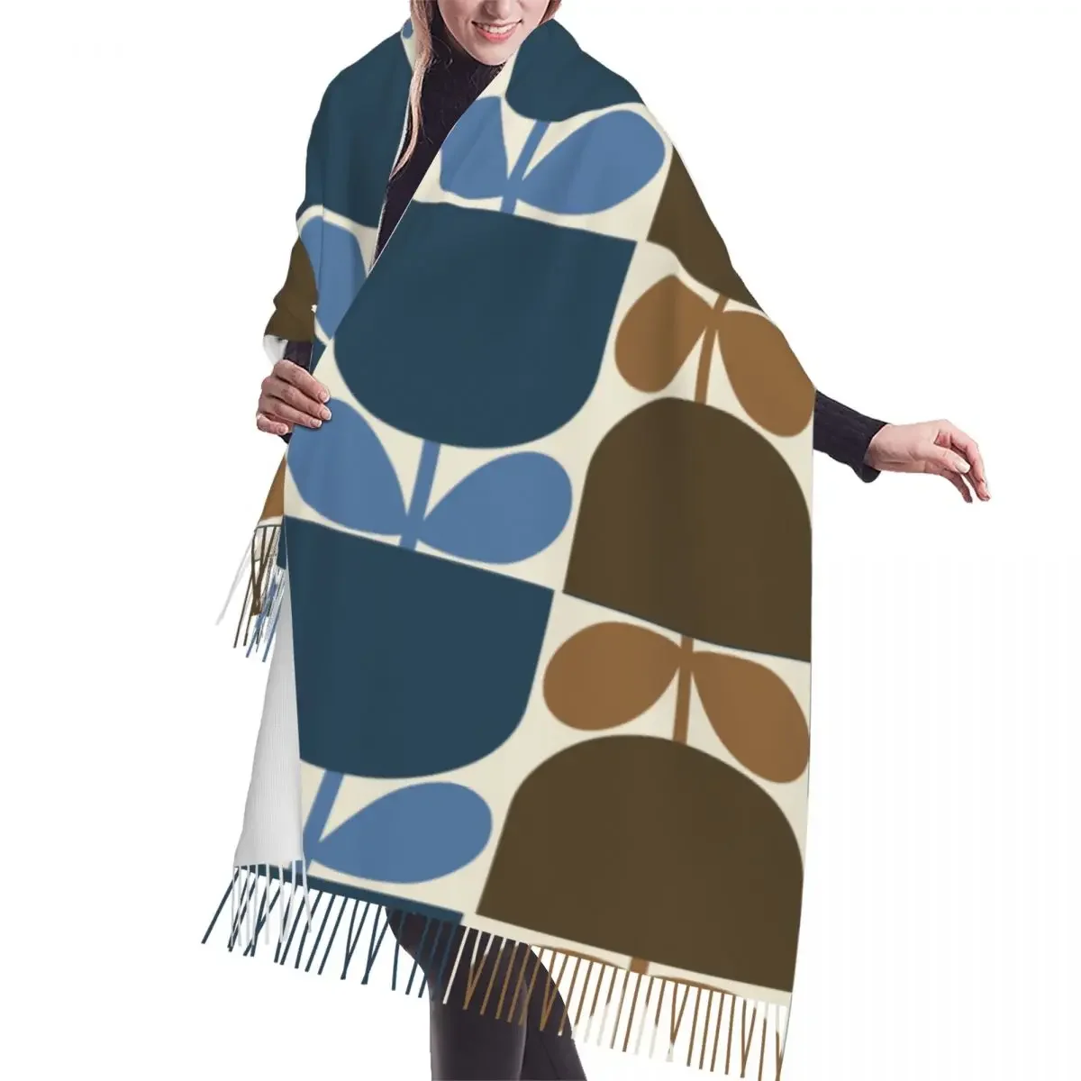 Custom Print Block Flower Navy Bark Orla Kiely Scarf Wrap Women Long Winter Fall Warm Tassel Shawl Unisex Scarves