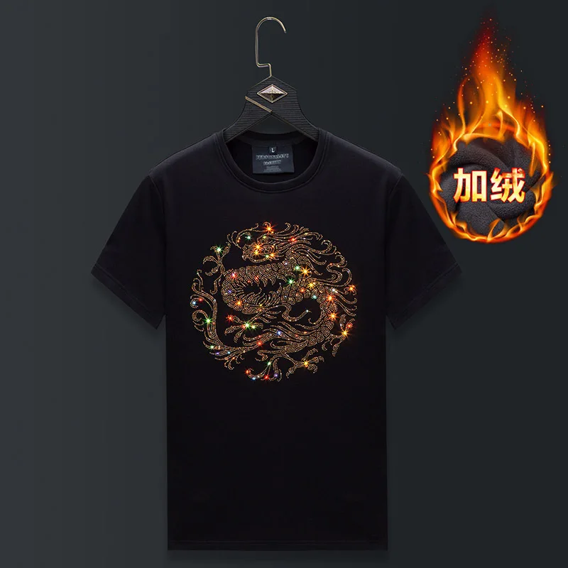 Plus Size Dragon Rhinestones Winter T Shirts Men Clothes Fashion Streetwear Short Sleeve O Neck Thick Velvet Heat Tshirts