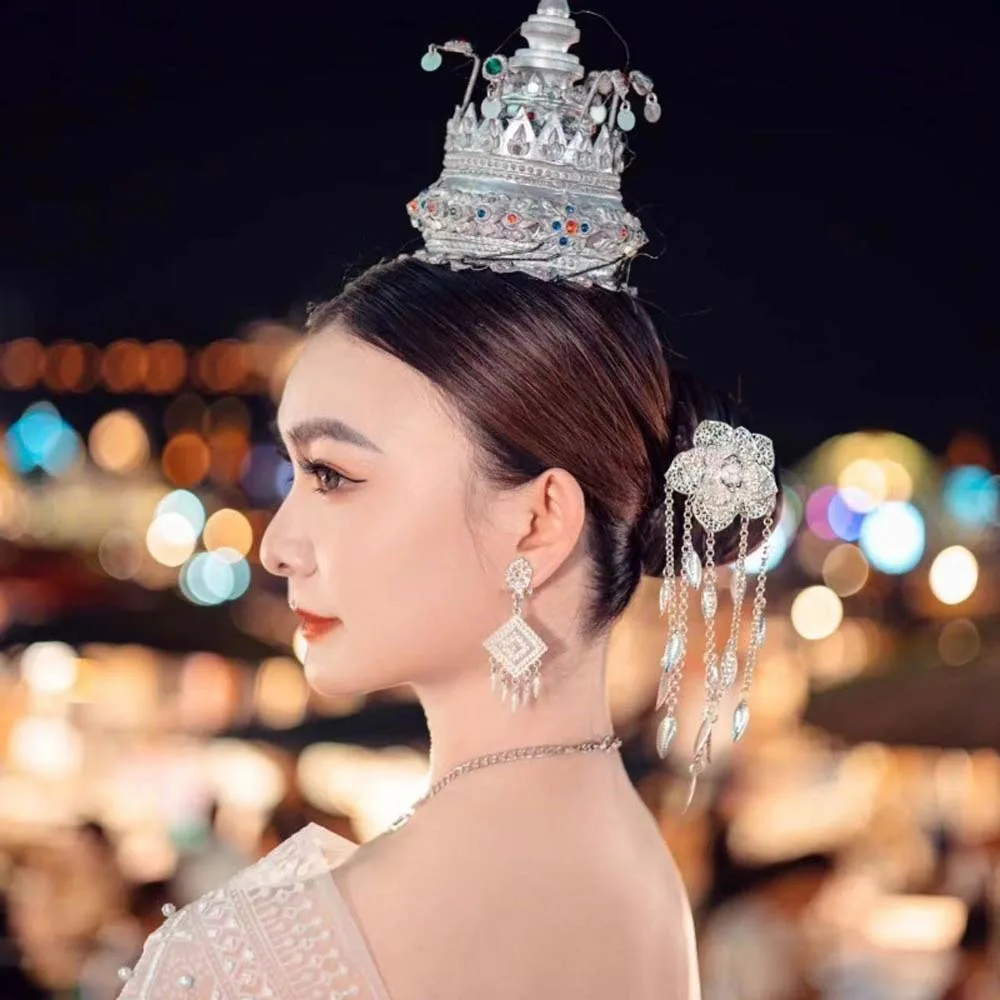 

Ancient Thai Metal Flower Hair Fork Ethnic Style Rhinestone Golden Tassels Hair Fork Leaves Waterproof Silver Rose Hair Sticks