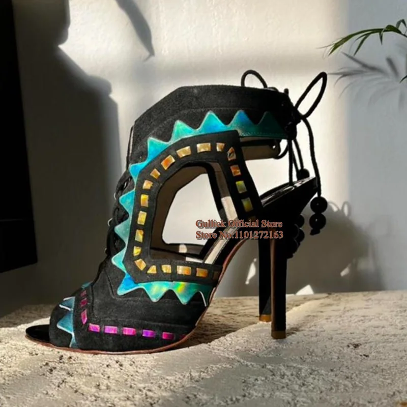 

Геометрические босоножки с завязками на спине, разноцветные, с черно-белым графическим принтом, замшевые, с вырезами, на тонком каблуке, на шнуровке, для торжественных случаев