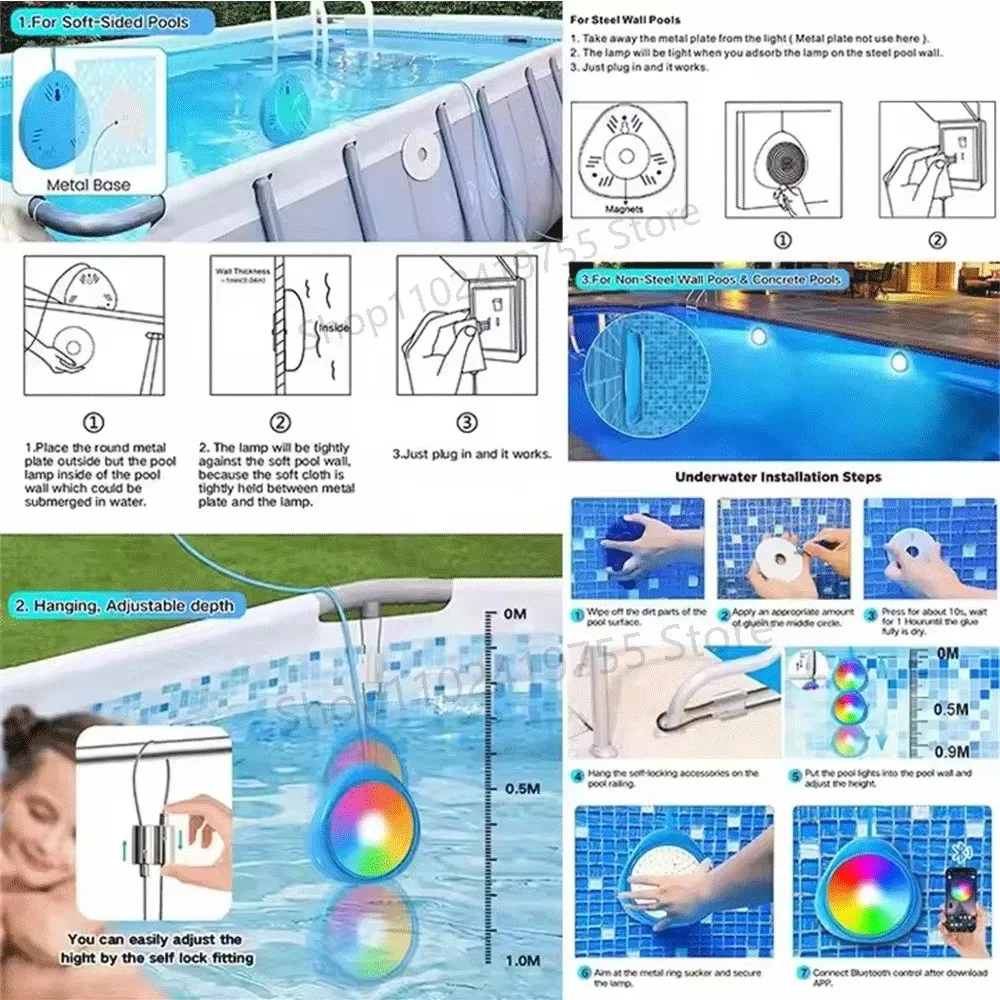 12W RGB Underwater Light IP68 Waterproof Magnetic Suction Swimming Pool Lamp 25W Mobile APP Control Pools Party Scenery lighting