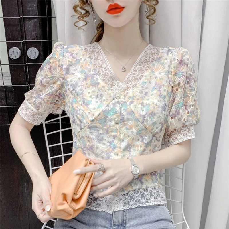 Women Floral Print Lace Embroidery Vintage Elegant Shirt Summer Korean Fashion V Neck Sweet Kawaii Blouse Short Sleeve Chic Tops