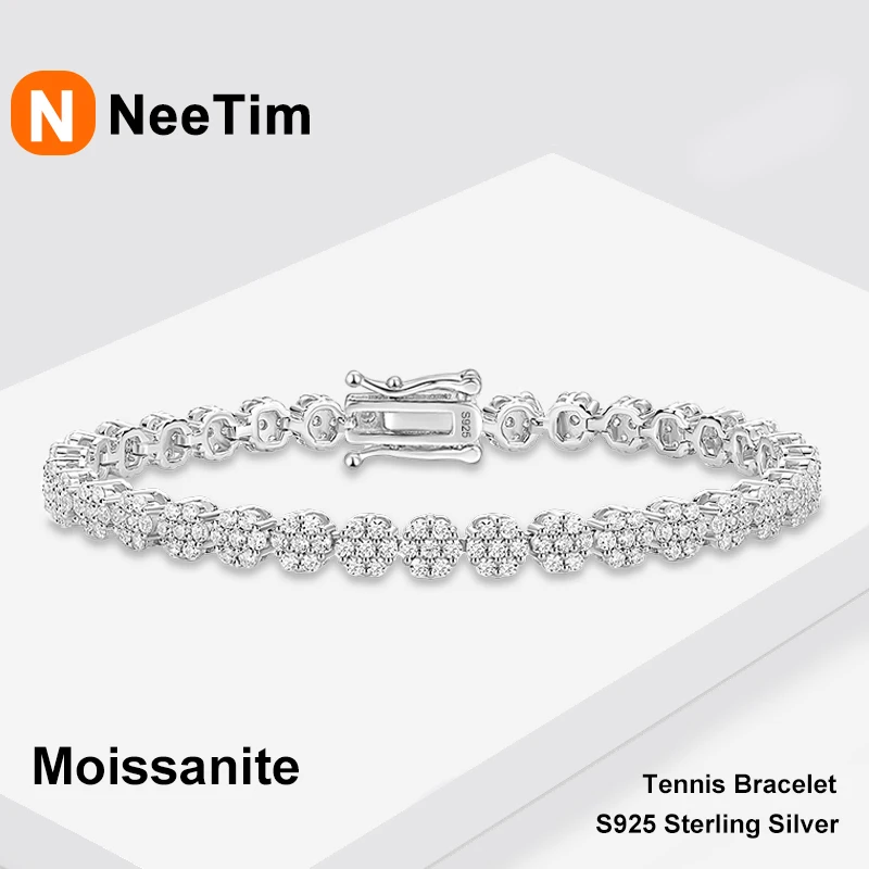 NeeTim Full Moissanite Tennis Bracelets for Woman 925 Sterling Silver Lab Diamond Women's Hand Bracelet Chain Luxury Jewelry