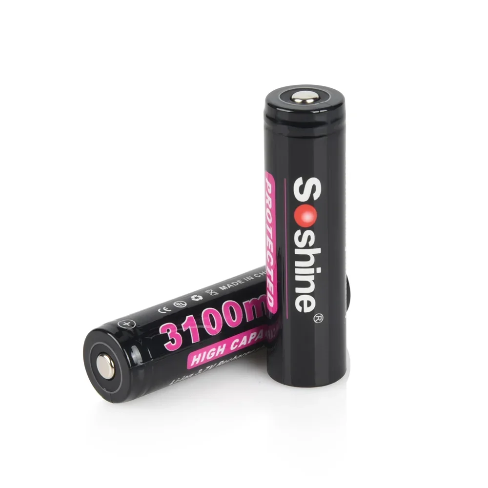 แบตเตอรี่ลิเธียมไอออน18650 Soshine 3.7V 3100mAh แบตเตอรี่แบบชาร์จไฟได้ลิเธียมไอออนที่ได้รับการป้องกันสำหรับไฟฉาย LED แบตเตอรี่ดั้งเดิม