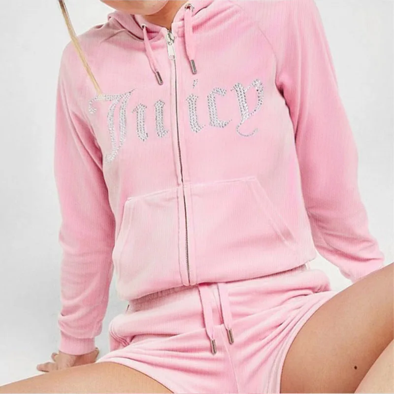 Velvet Women Y2k Vintage Street Goth Pink Hoodie Rhinestone Letter Print Jogging Coat Gothic Leisure Long Sleeve Slim Sweatshirt