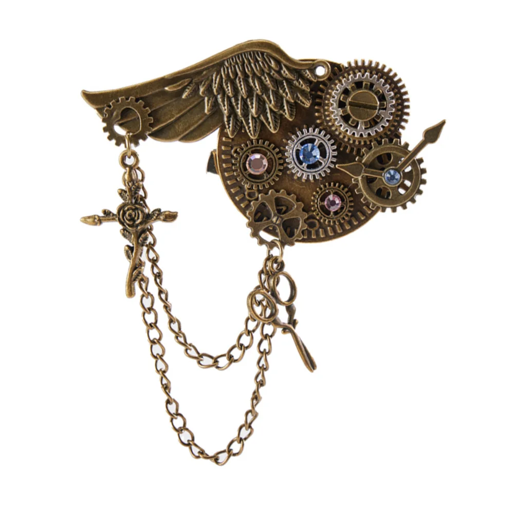 Steampunk Retro Wing Gear Gemstone Brooch Chain Rose Decoration Mechanical Wind Pin Shirt Suit Punk Style Accessories