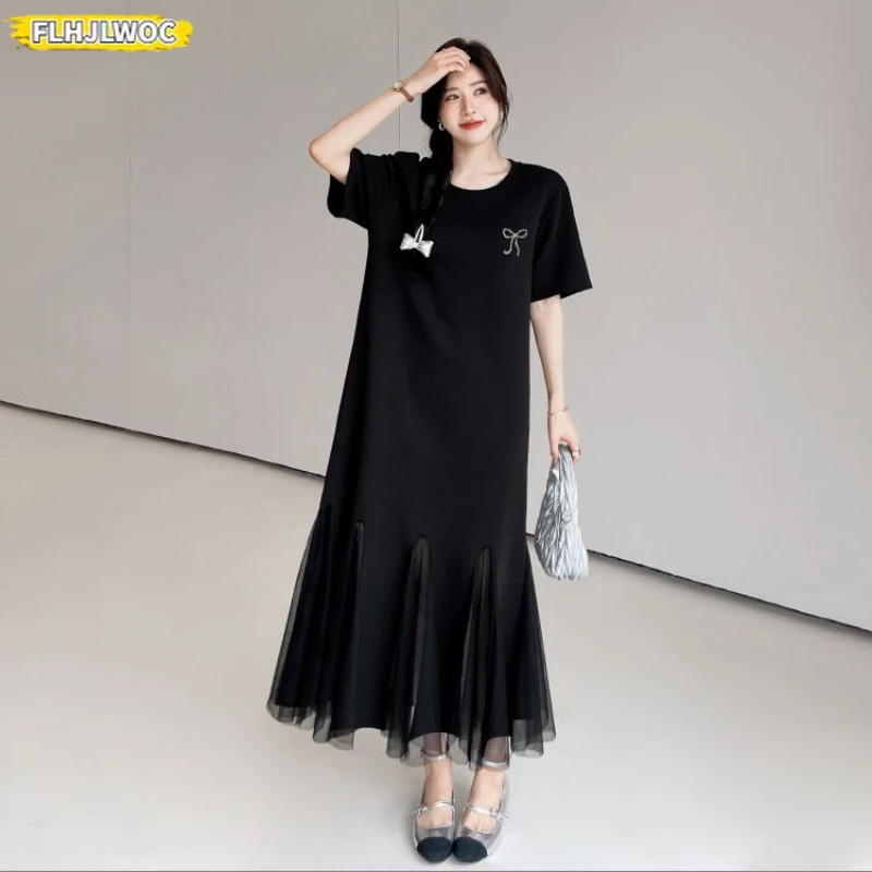 Vestidos de sereia femininos estilo europeu feminino 2025 verão retalhos rendas malha babados preto mistura algodão camiseta vestido