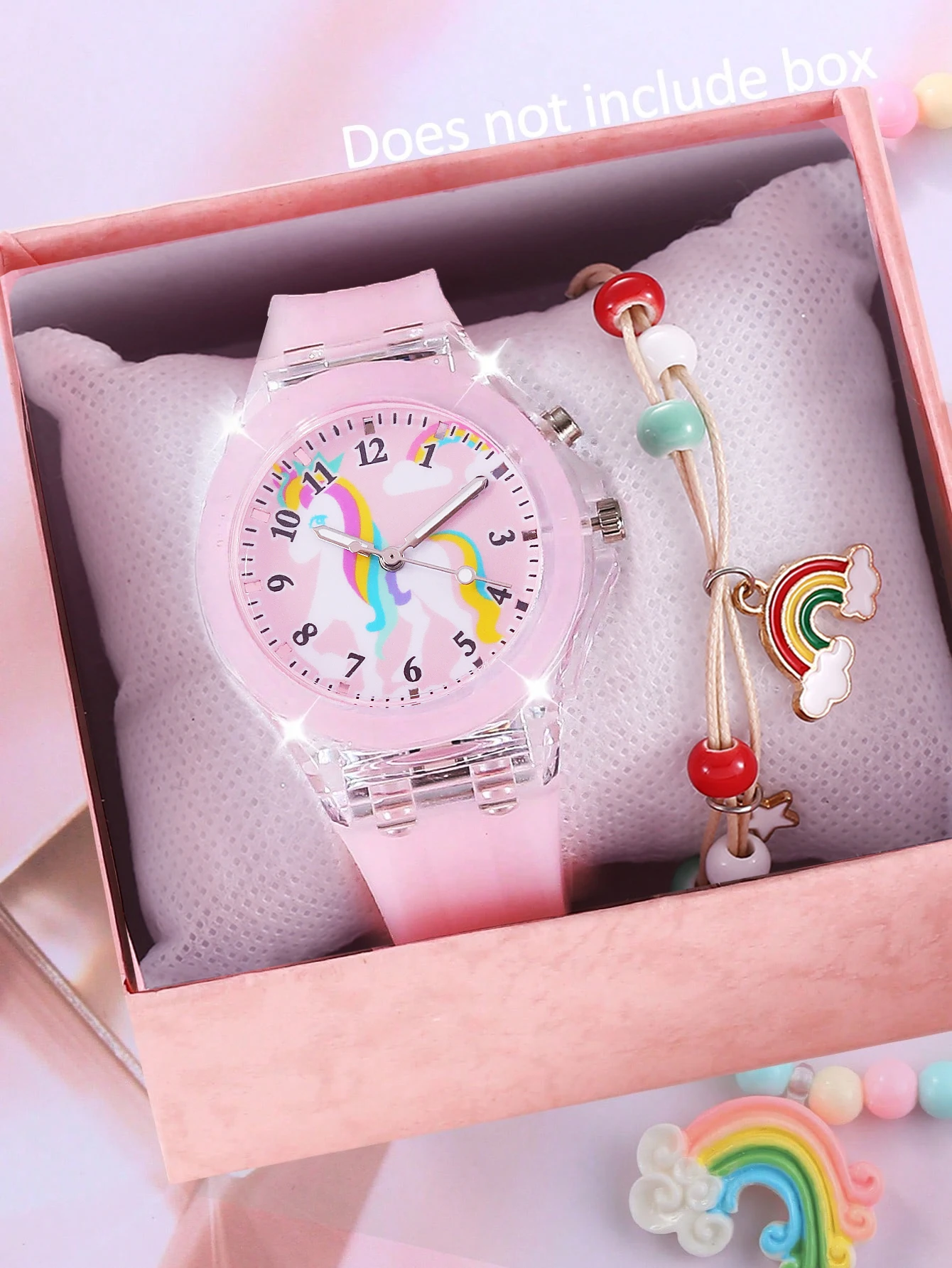 Fashionable Cute LED Illuminated Silicone Quartz Watch And Rainbow Bracelet Set Birthday Gift Suitable for Daily Wear No Box Inc