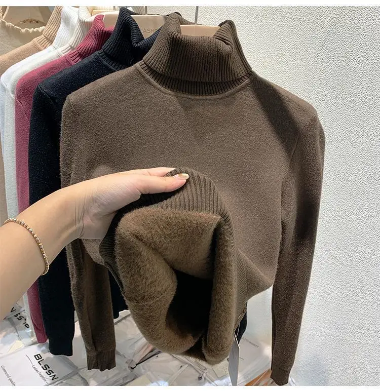 2025 New Thicken High Collar Pullover Women's Sweater Top Winter Warm and Soft Solid Color Inner Wear Bottoming Shirt