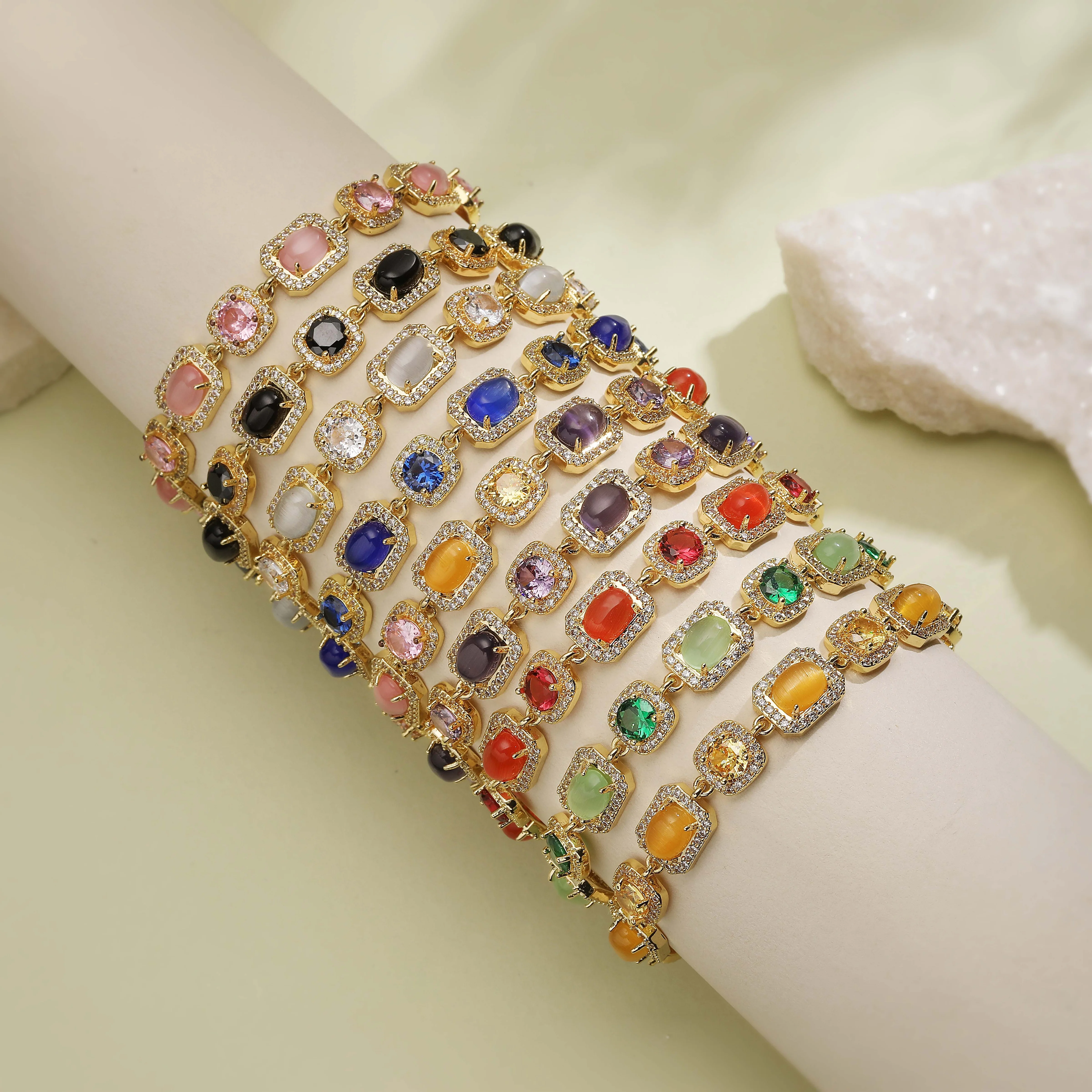 Geometry Synthetic Stone Link Chain Bracelet For Women Brass  18K Gold Plated Multi‑color Stone Elegant Statement Wrist Jewelry