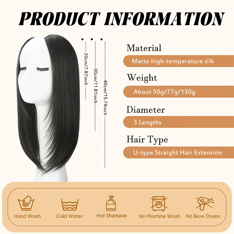 OLACARE Synthetic Long Straight U-Shaped Half Head Wig for Women Black Brown Clips in Hair Extension Natural Fake Hairpieces