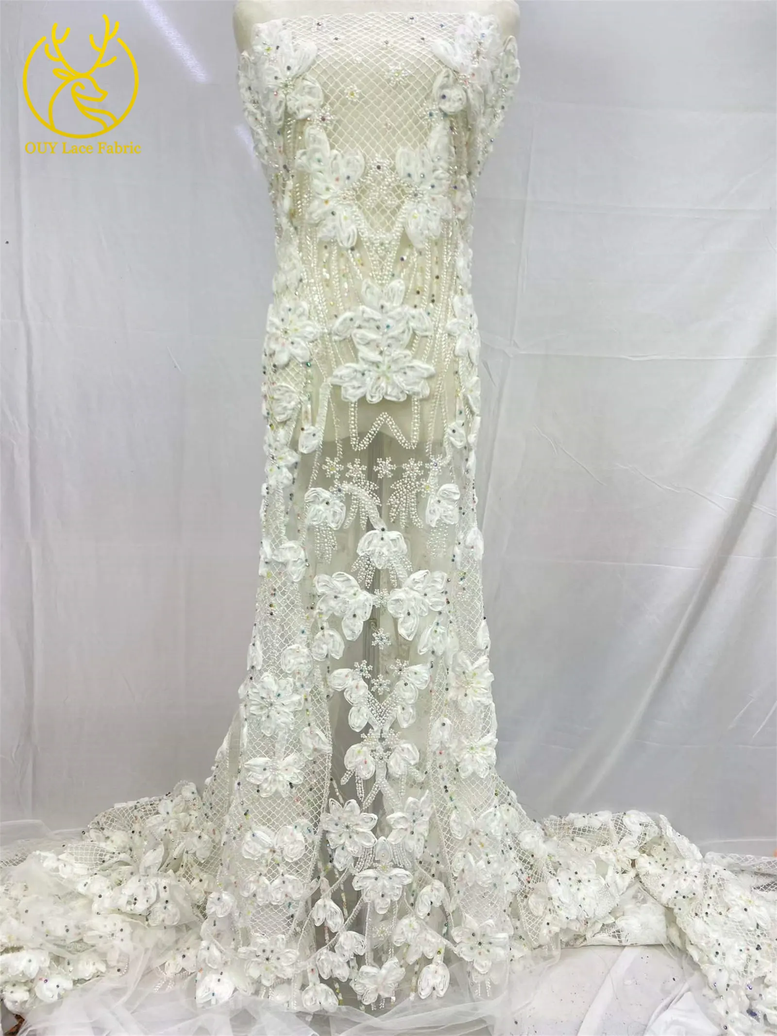 Neues Design Grüner 3D-Netzstoff mit Perlen und Pailletten 2026 Hochwertige Französische Nigerianische Spitze für Damen-Abendkleider und Hochzeitskleider zum Nähen – Detail 4