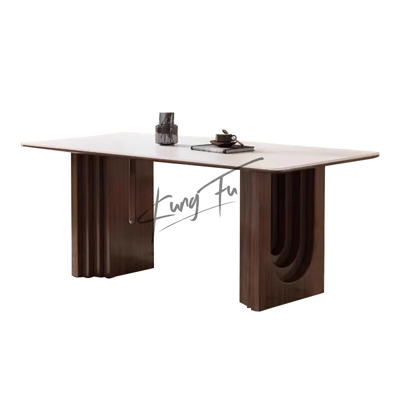 Antique modern walnut color dining table home retro solid wood slate rectangular dining table