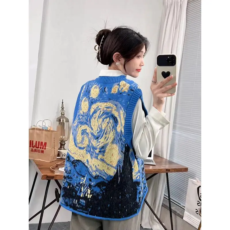 oil painting autumn and winter new niche design sense sweater vest sleeveless sweater vest INS coat