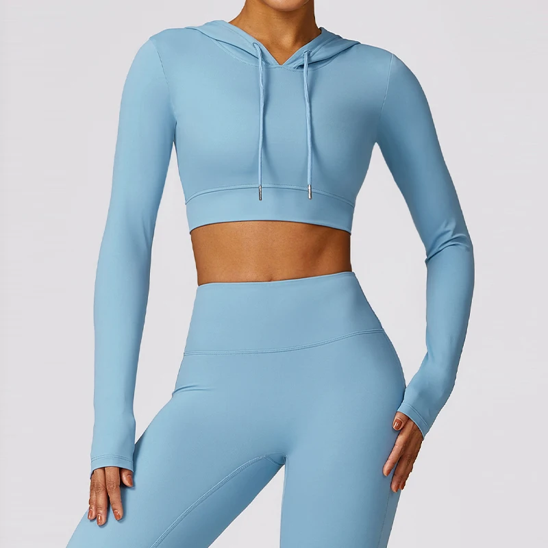 Long Sleeve Hooded Shirts Women Gym Crop top Quick-drying Yoga Clothing Sports Shirts Women Workout Running Sportswear Female