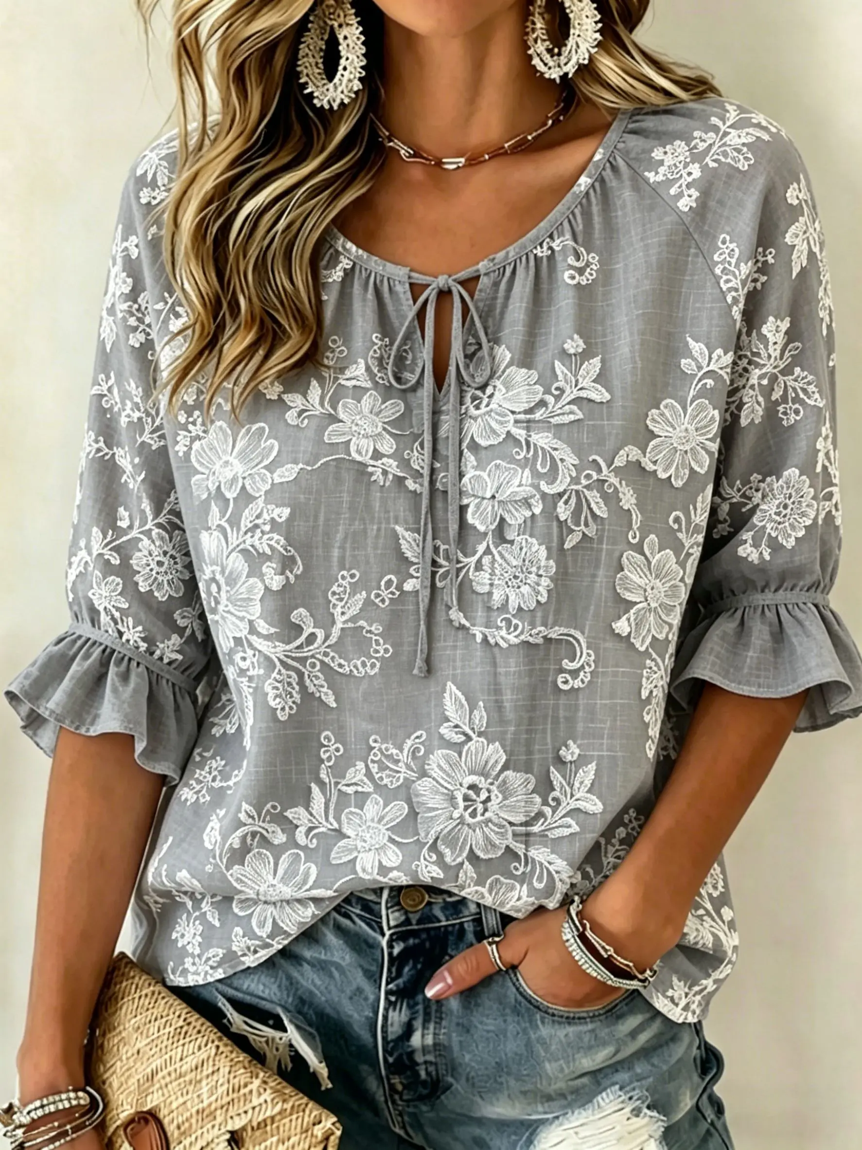 

Women's Grey White Floral Embroidery Tie Neck Blouse, Casual Loose Tops for Spring Summer Daily Wear & Vacation Occasions