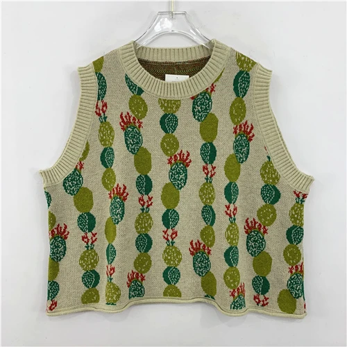 Vintage Oversized Knitted Sweater Vest Floral Color Blo Diamond Pattern Woolen Open Cardigan Women's Sweet Sle Spring Aut...