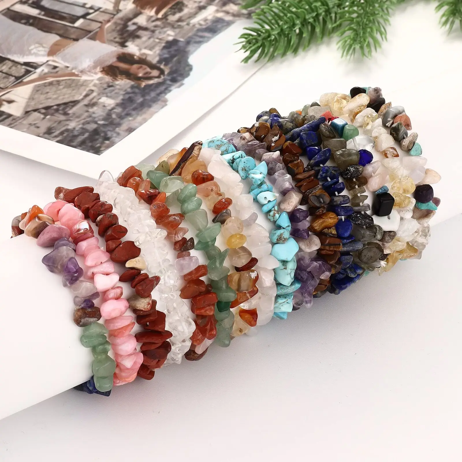 Natural Crystal Chip Bead Stretch Bracelet Irregular Agate Amethyst Imperial Stone Chakra Beaded Bangle Women Boho Jewelry Gift