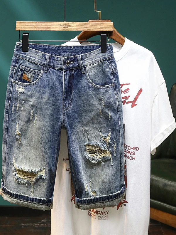

High-End American Retro Men's Loose Straight Leg Jeans Shorts Distressed Design Worn-look Casual Cotton Youth Trend Summer Wear