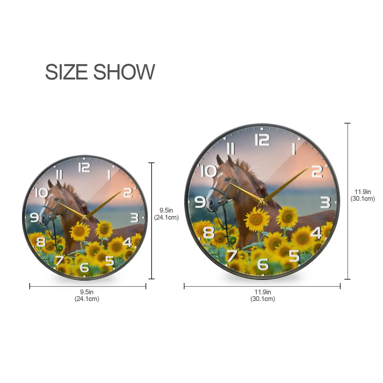 Acrylic Round Wall Clock Sunflowers Horse Print Silent Wall Watch Battery Operated Non-Ticking Quiet Desk Clock For Home Decor