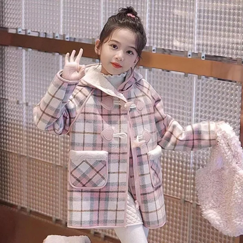 

2025 Girls' Plaid Cotton Thick Hooded Wool Coat Autumn and Winter New Style Children's College Style Warm and Fashionable Coat