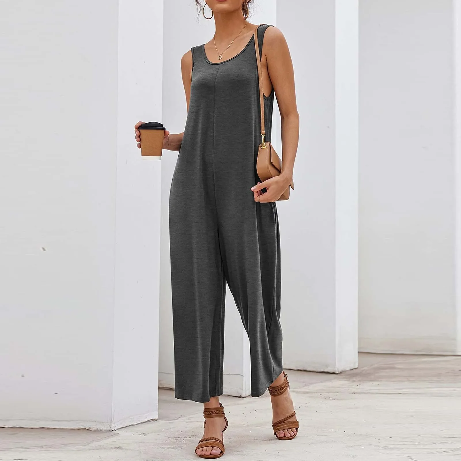 Women Casual Jumpsuits Summer Outfit Clothes Baggy Sleeveless Loose Wide Leg Rompers with Large Pocket Homewear Cotton Pants