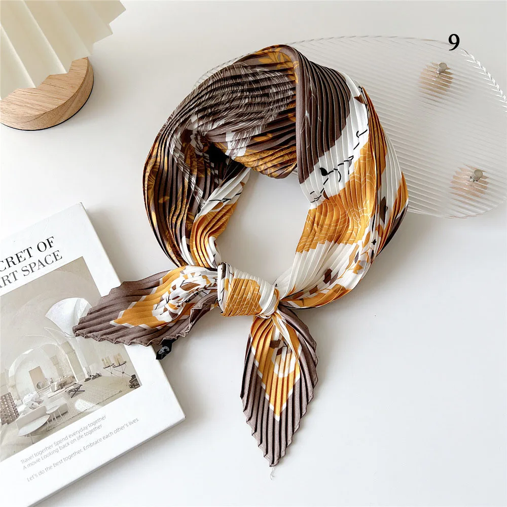 New Floral Print Pleated Silk Scarf Square Neck Scarves Crinkle Hair Bands Scarf Bandana Satin Hijab Head Wraps Neckerchief