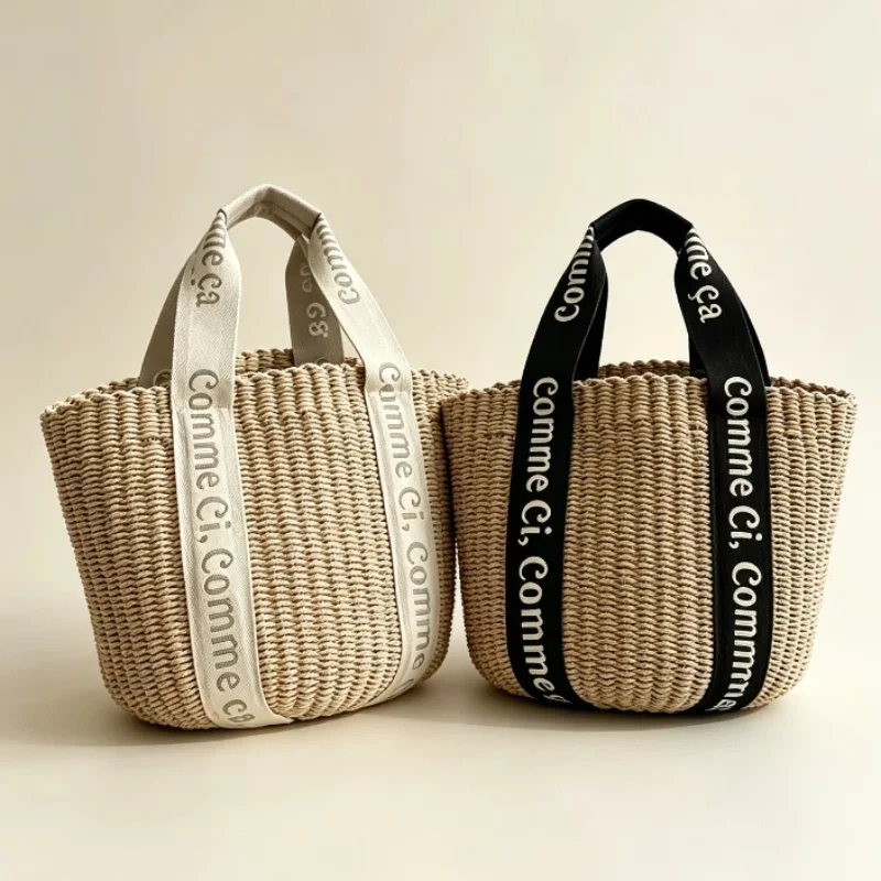 French Retro Woven Tote Bag Fashion Letter Handbag Beach Leisure Vacation Large Capacity Basket Bag Summer Women's Commuting Bag