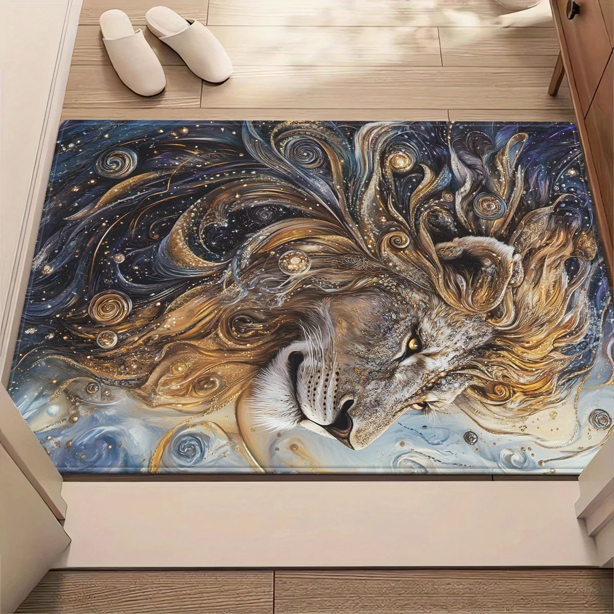 Majestic Lion Doormat, Galaxy Starry Entrance Rug, Golden Animal Floor Mat, Non-slip Living Room Carpet, Noble Home Decor