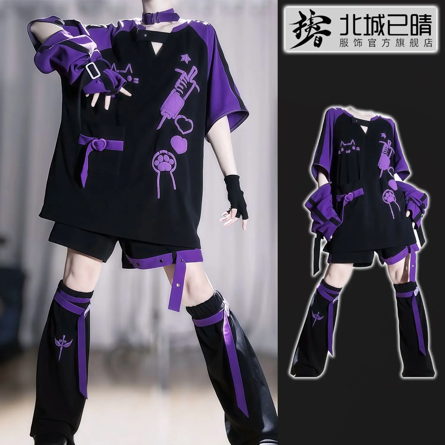 코스프레 의상 귀여운 스타일 분리형 슬리브 반소매 티셔츠 반바지 레그 워머 COS 세트 할로윈 슈트 댄스 의상