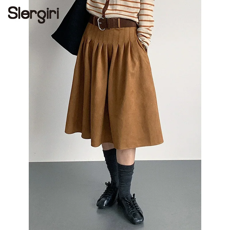 

Slergiri винтажная замшевая юбка с высокой талией для женщин, модная новинка 2026, осень-зима, облегающие повседневные плиссированные юбки трапециевидной формы с поясом