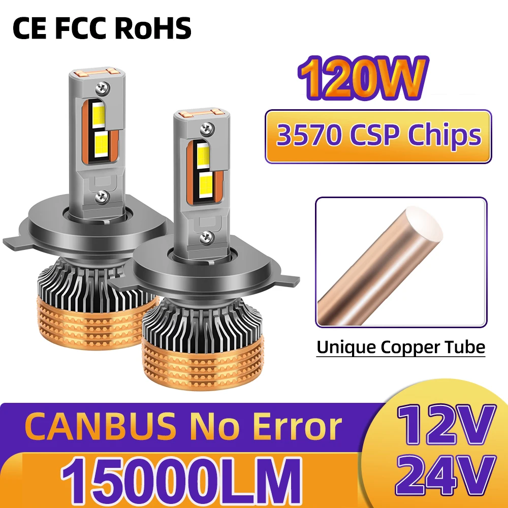 

H4 Hi/ Lo Beam LED Headlamp Bulb High Power 120W 15000LM Super Bright Car Lights for Car Repair Durable 4 Copper Tube LED Bulb