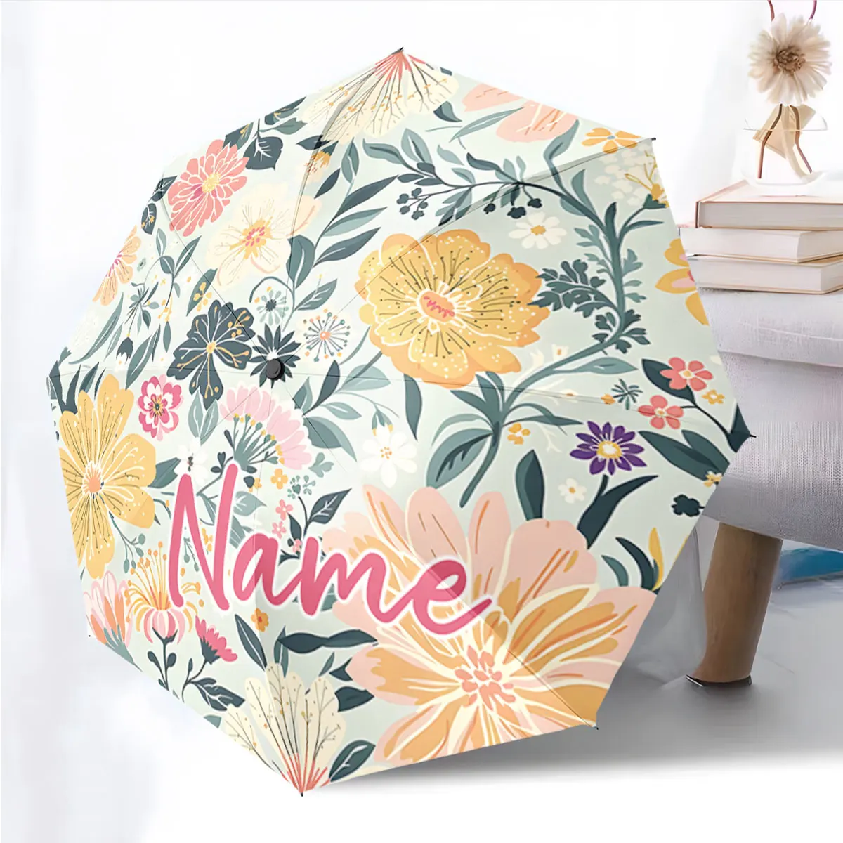 Custom Name Floral Design Umbrella with Customizable Text Print 8 Iron Ribs Folding Umbrella, Auto-Open Fashion Sunshade