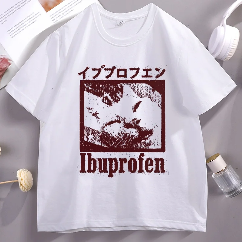 Ibuprofen Cat Meme T-Shirt, lustiges T-Shirt mit japanischem Text, Humor, Rundhalsausschnitt, kurze Ärmel, Baumwolle, bedrucktes T-Shirt für Männer