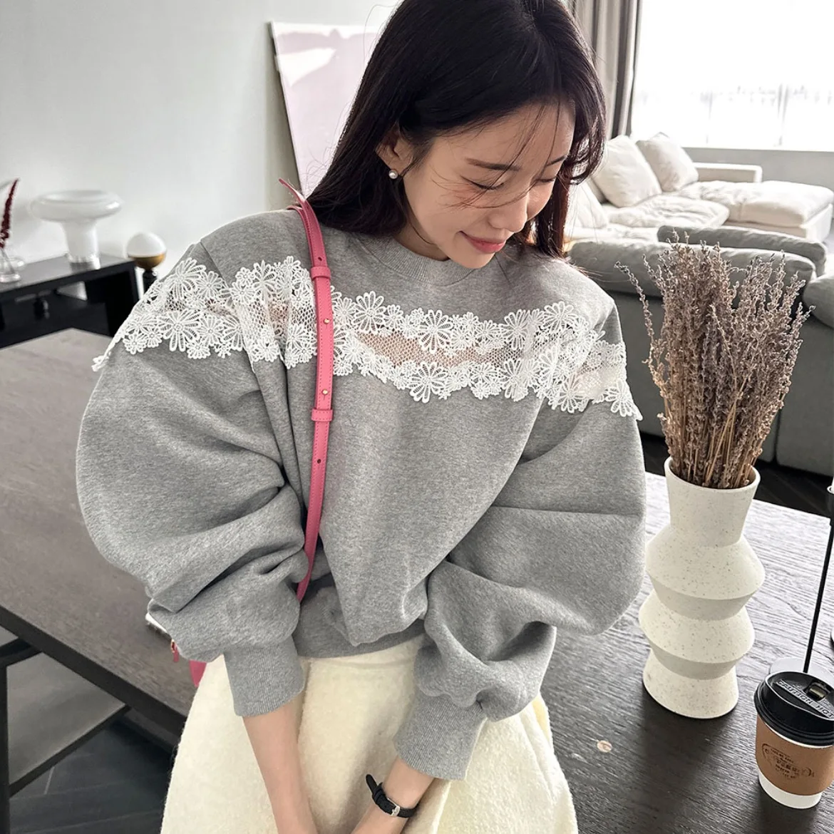 Crew-neck lace patchwork with velvet long-sleeved casual hoodie woman