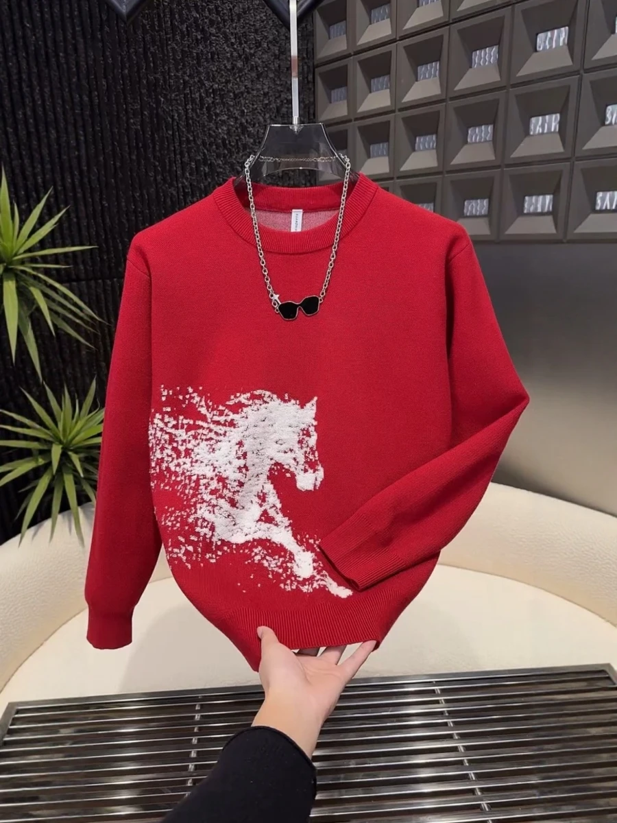 

Модный вязаный свитер с 3D-вышивкой «Год Китайского зодиака», свободный крой, круглый вырез, для мужчин