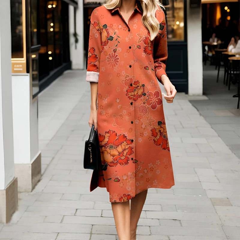 New Autumn Casual Women's Shirt Dress Retro-Style Collared Fashionable Comfortable Long Dress Elegant Long-Sleeve Dress