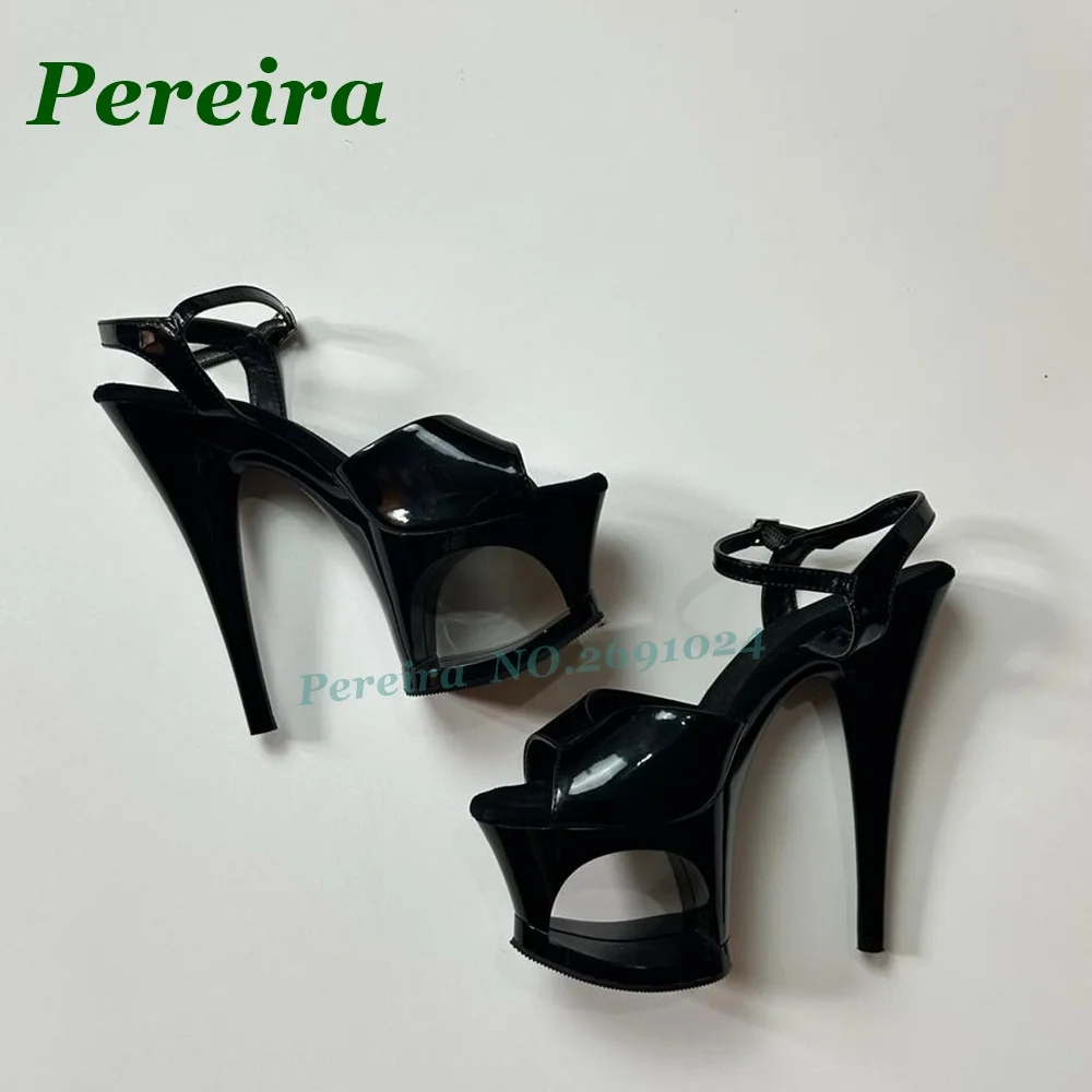 Sandalias de tacón de plataforma con recortes de charol negro para mujer, con punta abierta y correa al tobillo, estilo stiletto, para pole dance, zapatos sexys de discoteca.