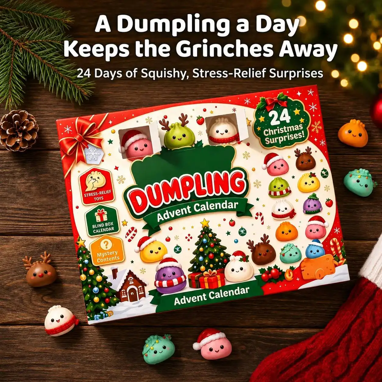 Neuer Weihnachts-Adventskalender mit 24 Tagen Countdown-Überraschungsbox, Dumpling-Squishies, langsam zurückfedernde, quetschbare sensorische Geschenk- und Dekoartikel