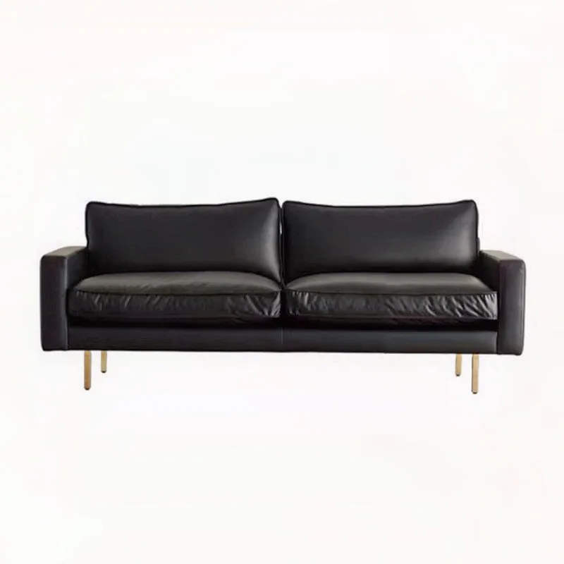

Retro leather sofa modern simple straight row black sofa living room modern simple first layer cowhide medieval sofa
