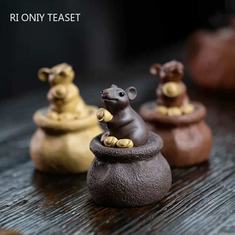 Handmade Yixing Purple Clay Tea Pet Decor Office Desktop Lucky Mouse Ornaments Home Tea Figurine Sculpture Decoration Crafts