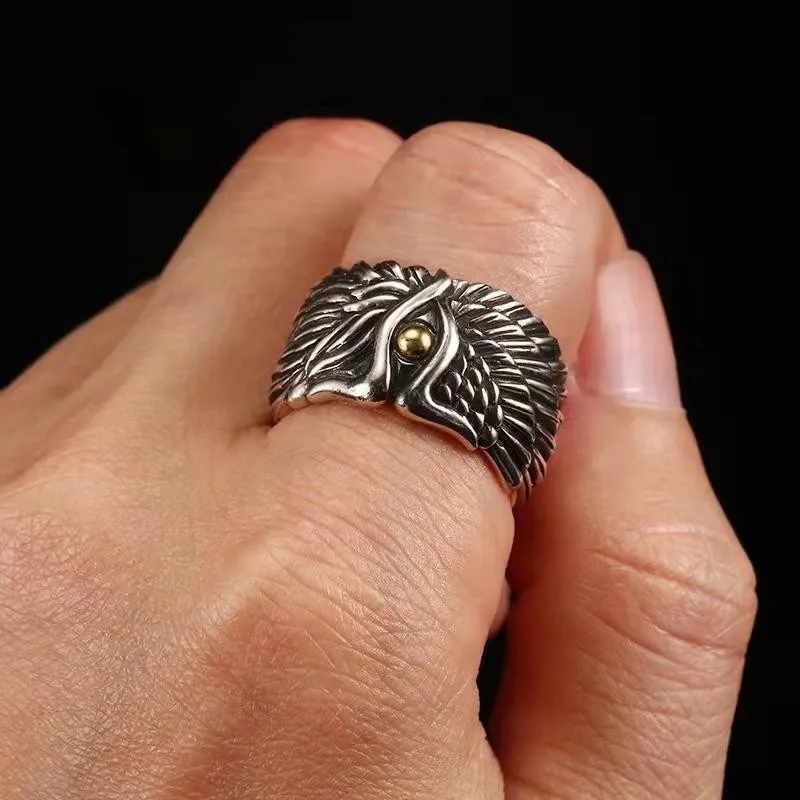 Vintage Gold Silver Collision Carving Bird Pattern Ring Men Jewelry Opening Trendy S925  Male Index Finger Ring Accessories