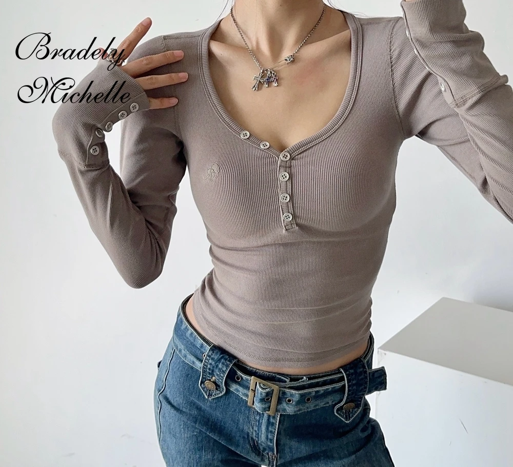 Spring and Autumn Women Long Sleeve Tops V-neck Sexy Pullover Solid Bottoming Blouses T-shirt